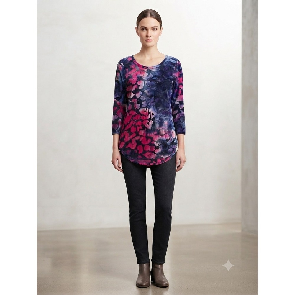Karen Kane Womens Multicolor Tie Dye Burnout 3/4 Sleeve Top Scoop Neck Sz S Pink